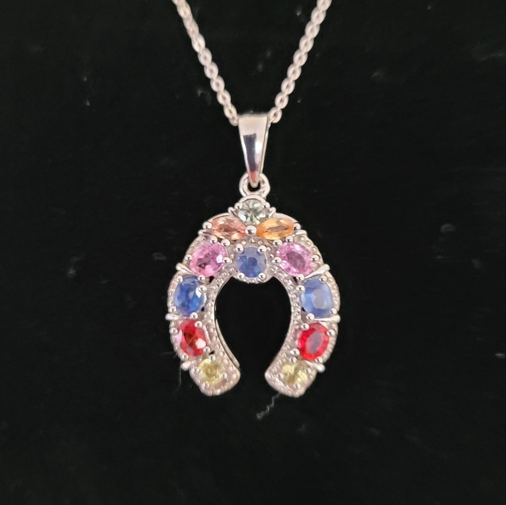 Genuine Natural Multi Sapphire Horseshoe Necklace